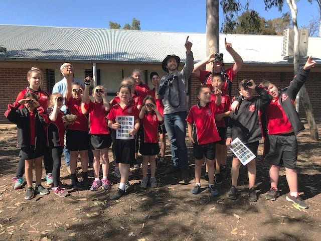 Group of students looking up to the trees for bird life